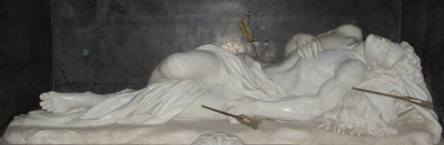 Heiliger Sebastian Giuseppe Giorgetti, Statue am Grab, 1672, in der Kirche San Sebastiano fuori le mura in Rom